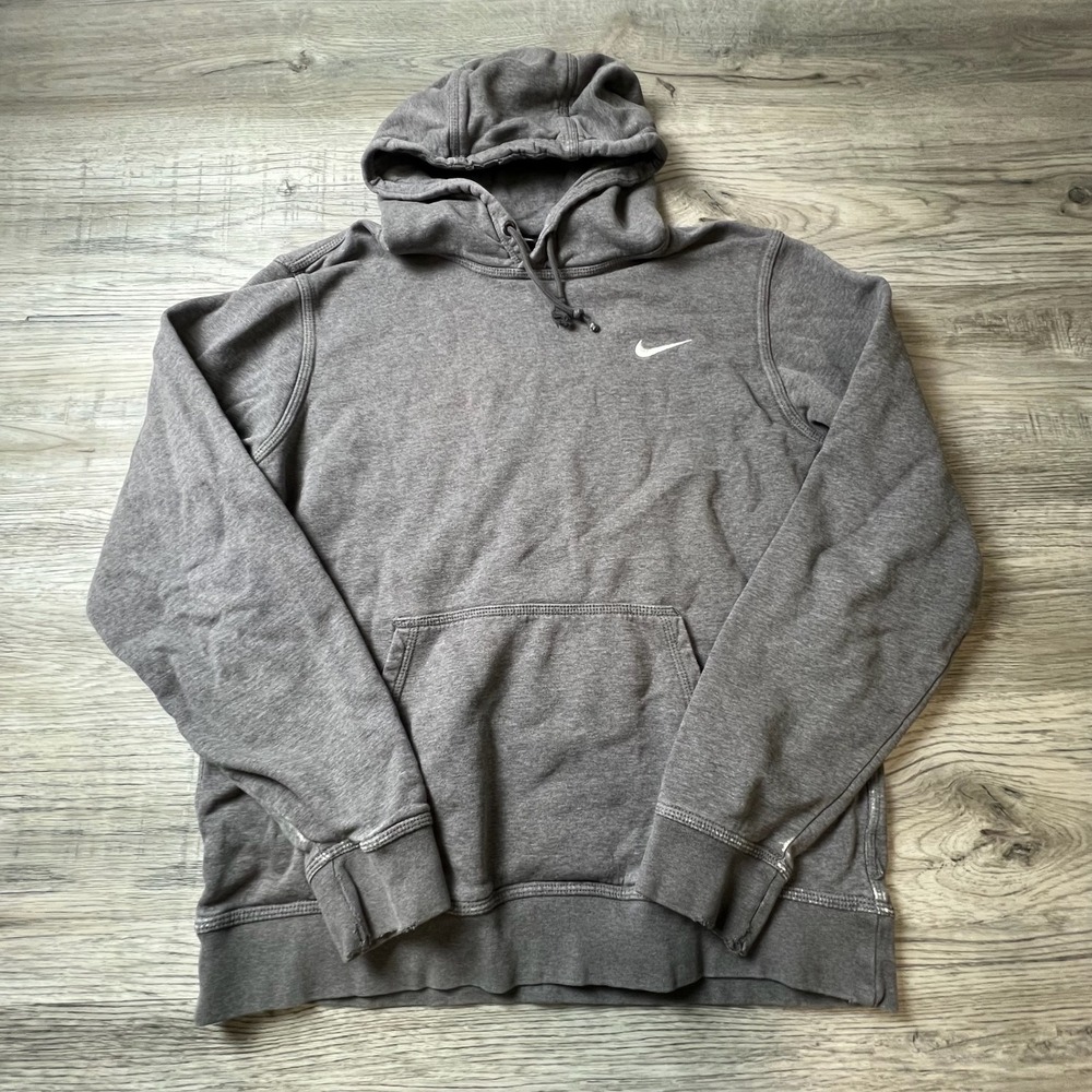 Nike Hoodie Mens Large Grey Pullover Swoosh Logo Distressed Athletic Streetwear